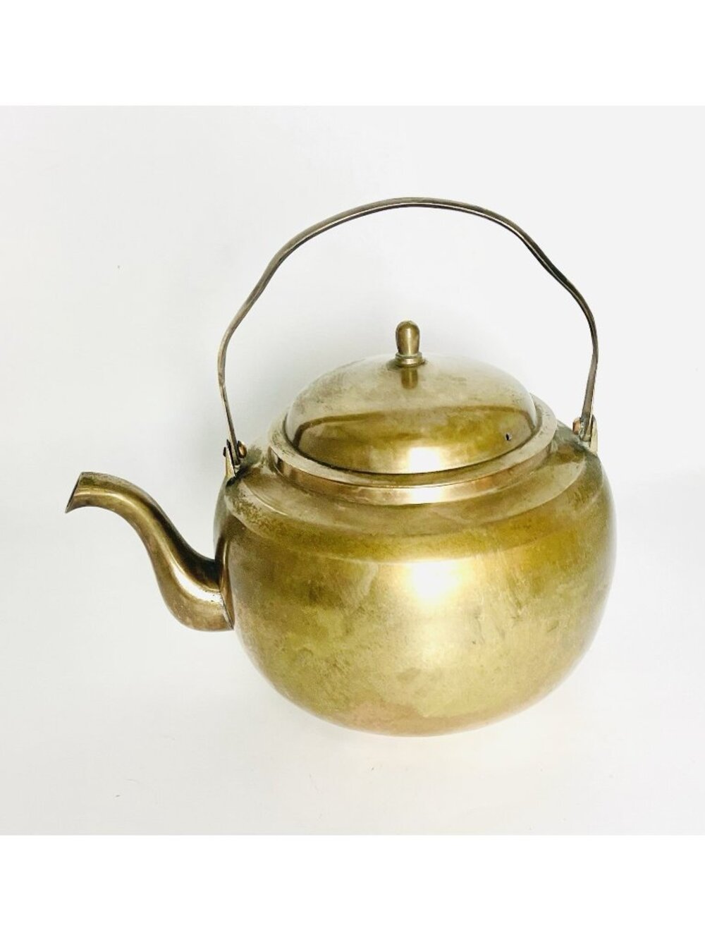 Vintage Solid Brass Tea Kettle MCM Boho Kitchen Decor Round Teapot Aged Patina
